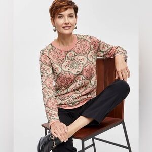 JM Collection Printed Jacquard Sweater Floral Patterned Pink & Cream Women's M